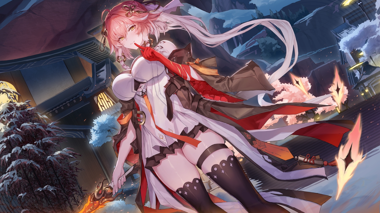 blush, braids, breasts, building, changli_(wuthering_waves), dress, garter, long_hair