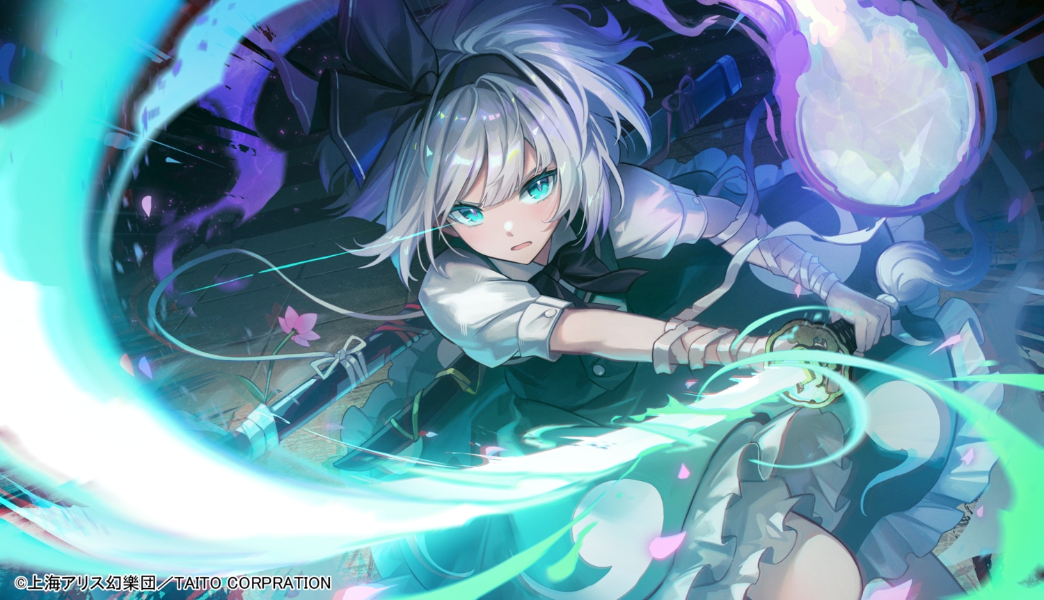 aqua_eyes, bandage, dress, flowers, gray_hair, headband, katana, konpaku_youmu