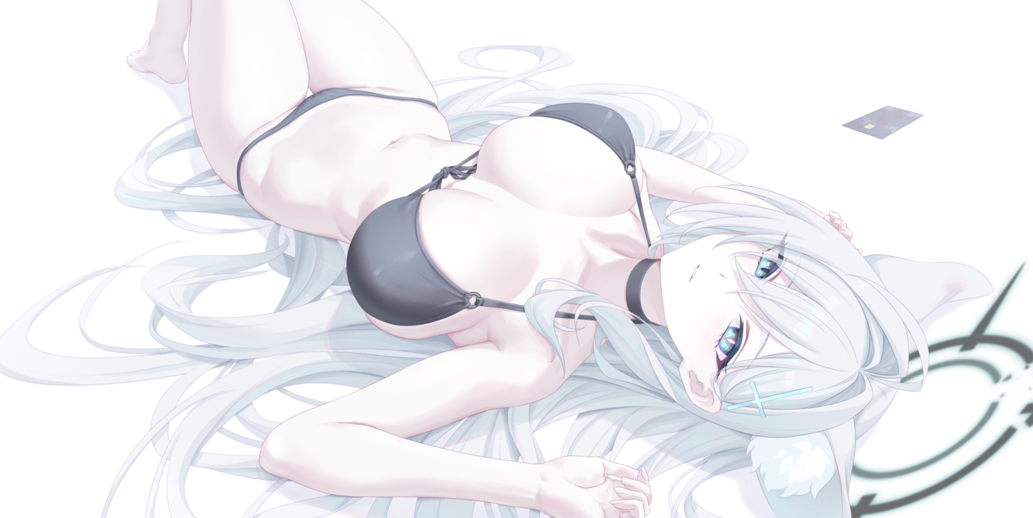 animal_ears, aqua_eyes, barefoot, bikini, blue_archive, blush, choker, gray_hair