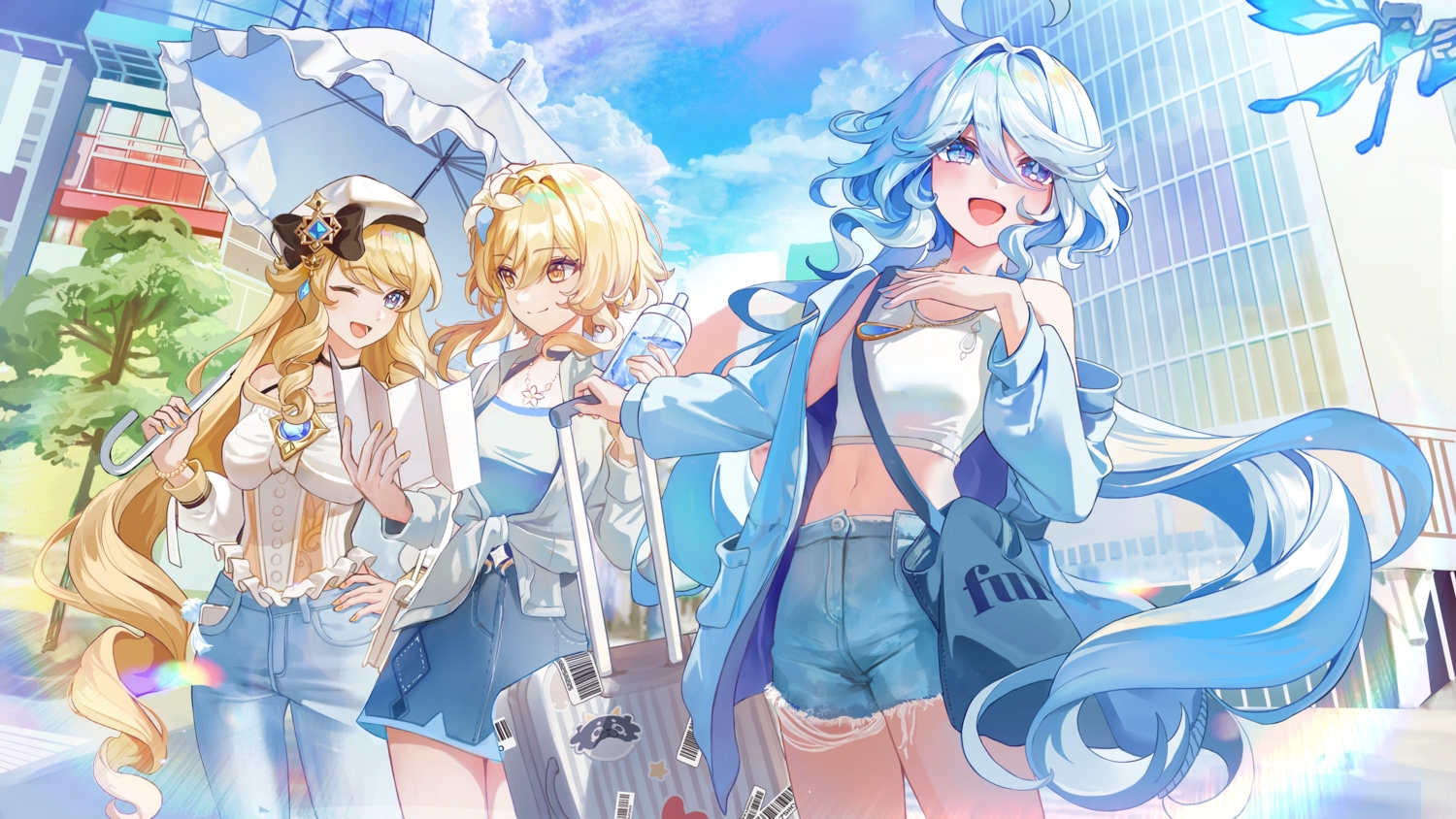 bicolored_eyes, blonde_hair, blue_eyes, blue_hair, bow, building, choker, city, clouds, datsha, drink, flat_chest, furina_(genshin_impact), genshin_impact, hat, long_hair, lumine_(genshin_impact), navel, navia_(genshin_impact), necklace, phone, purple_eyes, short_hair, shorts, skirt, sky, torn_clothes, tree, umbrella, wink, wristwear, yellow_eyes