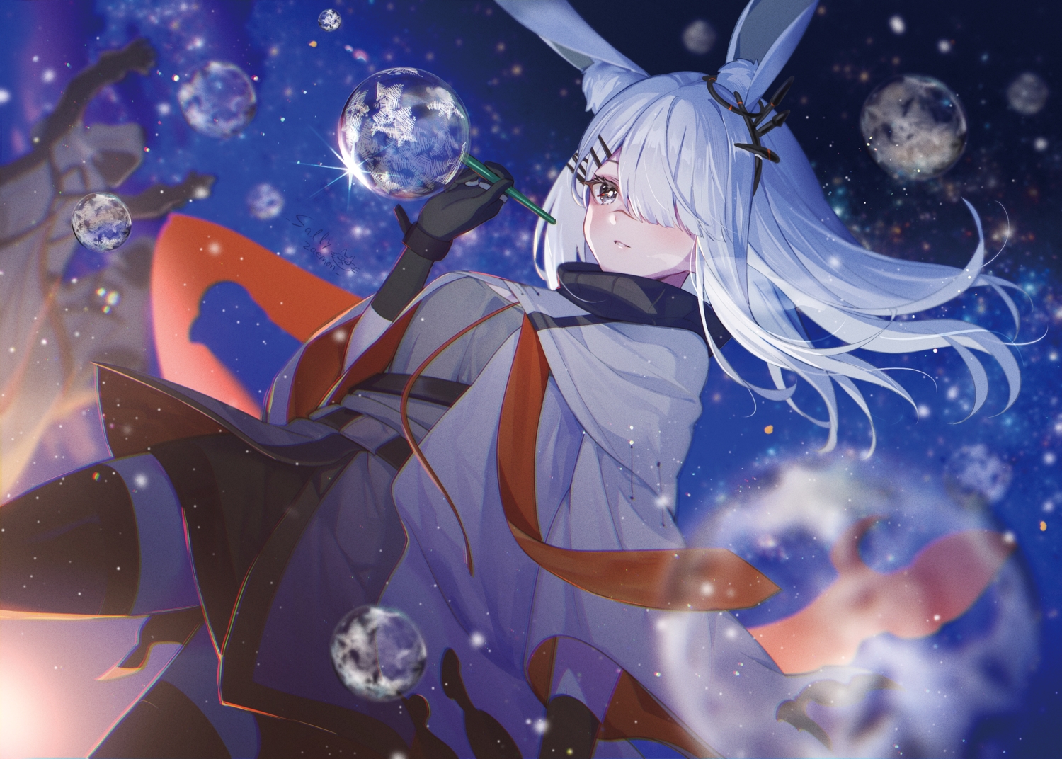 animal_ears, arknights, bubbles, bunny_ears, bunnygirl, cape, frostnova_(arknights), gloves