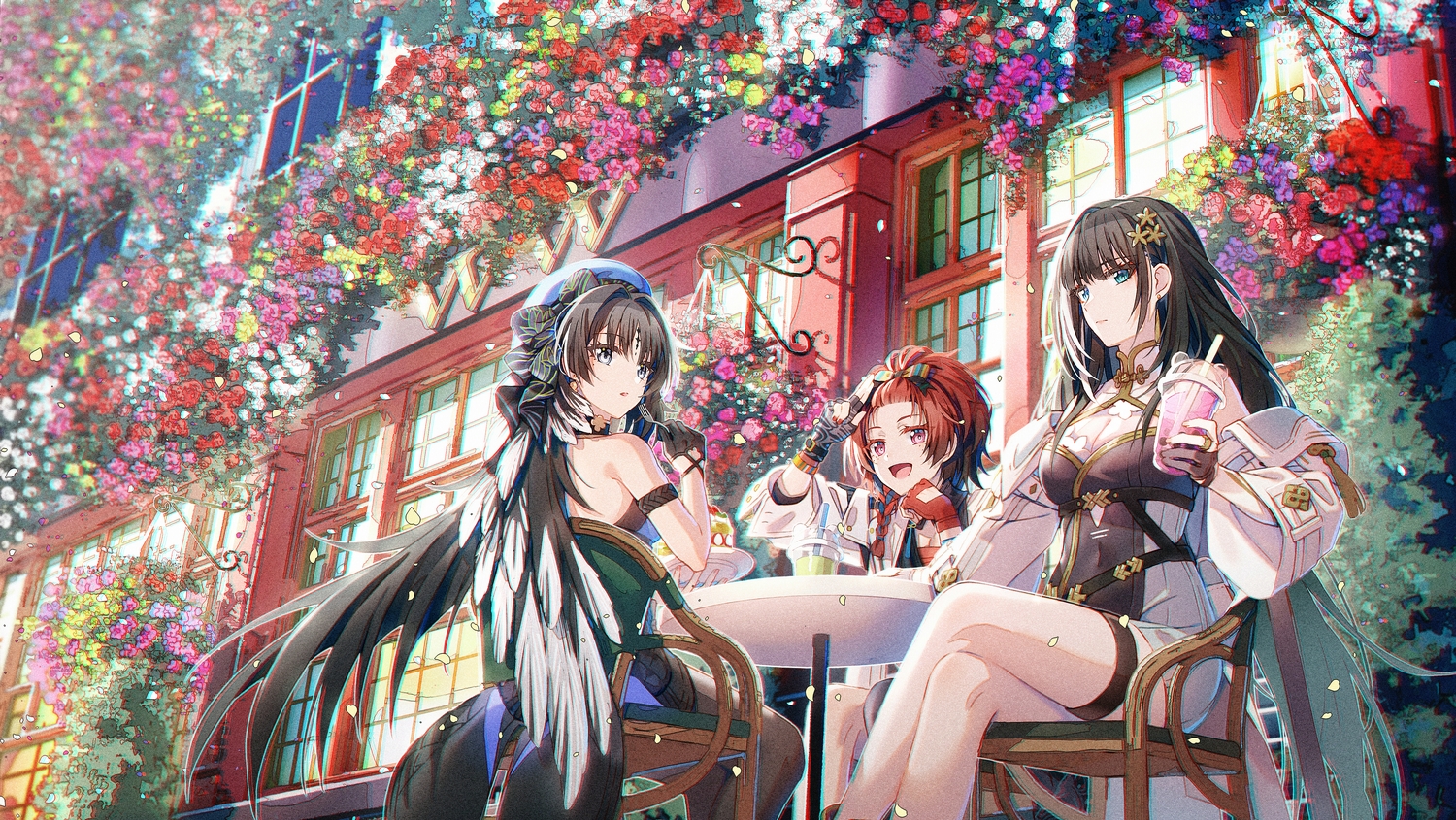 baizhi_(wuthering_waves), black_hair, breasts, cake, chixia_(wuthering_waves), cleavage, drink, flowers