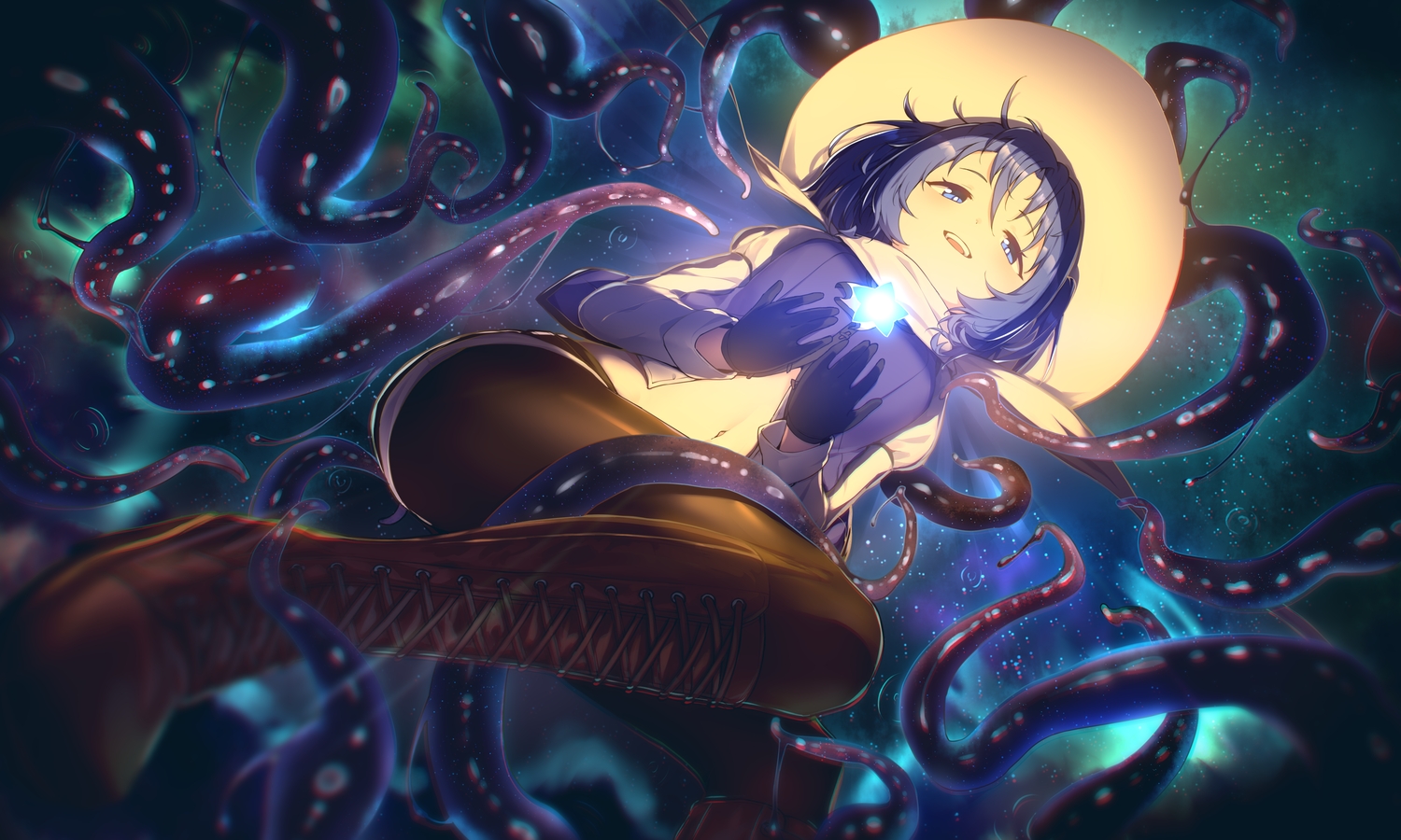 blue_eyes, blue_hair, boots, close, gloves, hat, hoplitx, magic, navel, original, pantyhose, scarf, short_hair, shorts, stars, tentacles