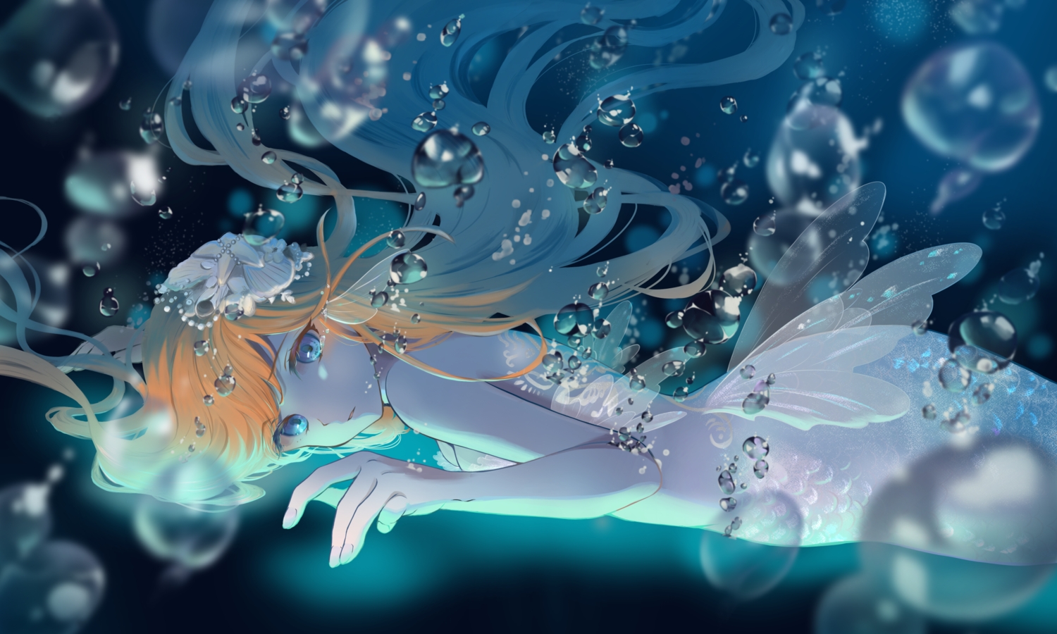 blue_eyes, breasts, bubbles, cleavage, long_hair, mermaid, orange_hair, original, underwater, water, yuyuharu_1027