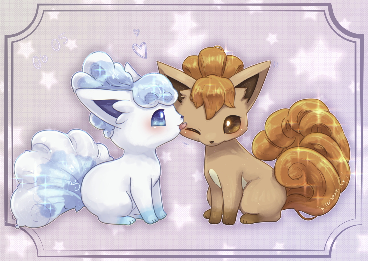 animal, aqua_eyes, brown_eyes, fox, gigii2810, heart, kiss, multiple_tails, no_humans, pokemon, purple, signed, tail, vulpix, wink
