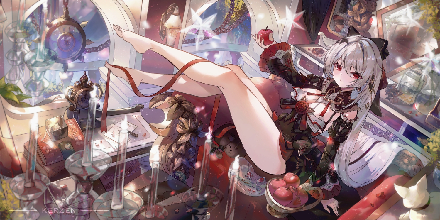 animal, apple, barefoot, book, breasts, cardlit, cat, chain, cleavage, couch, dress, food, fruit, goth-loli, gray_hair, honkai_impact, honkai_(series), lolita_fashion, long_hair, paper, red_eyes, ribbons, theresa_apocalypse
