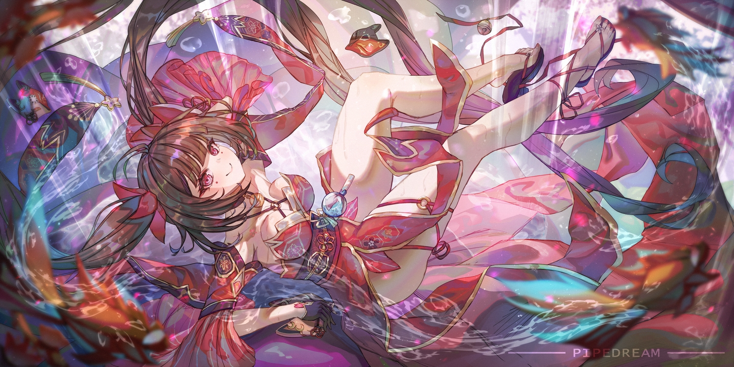 animal, bell, breasts, brown_hair, cardlit, collar, dress, fish, gloves, honkai_(series), honkai:_star_rail, japanese_clothes, long_hair, mask, pink_eyes, ribbons, sparkle_(honkai:_star_rail), twintails, water, waterfall