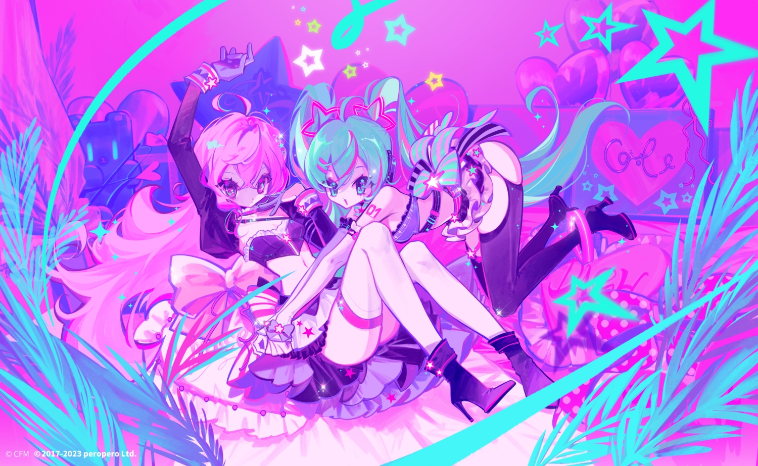 2girls, aqua_eyes, aqua_hair, boots, bow, choker, crossover, gloves