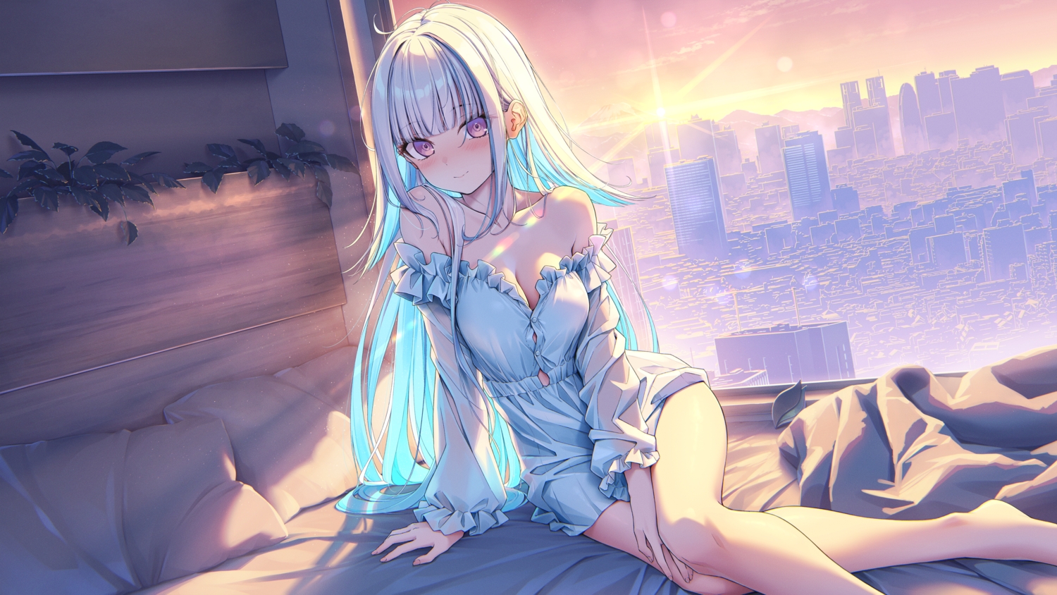 barefoot, bed, blush, breast_hold, breasts, building, city, cleavage