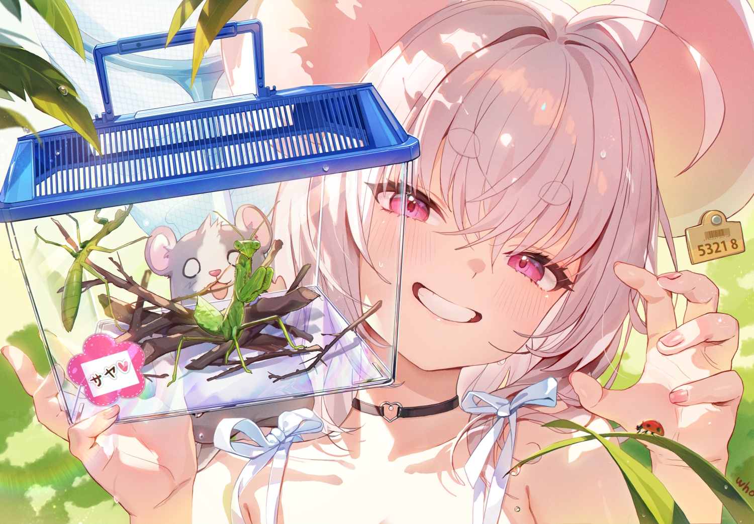 animal, animal_ears, blue_archive, blush, bow, choker, close, leaves, mousegirl, pink_eyes, signed, white_hair, whoisshe, yakushi_saya