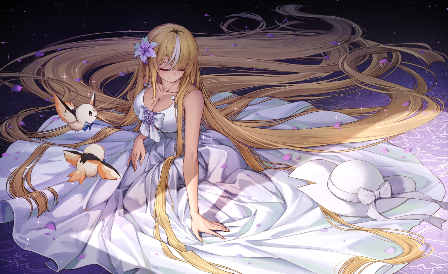 animal, bird, blonde_hair, blush, bow, breasts, cleavage, curry_bowl