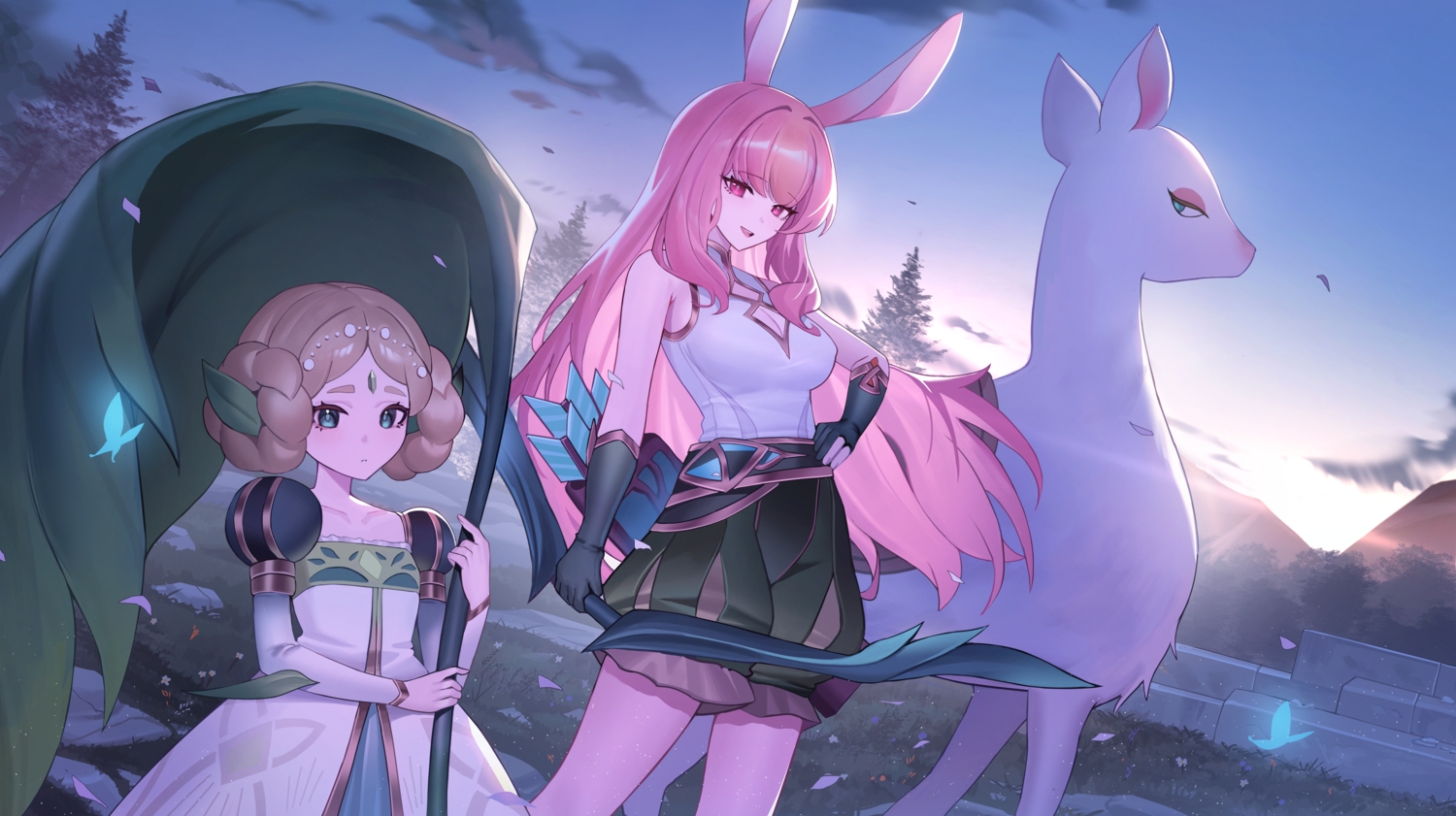 2girls, afk_journey, animal, animal_ears, aqua_eyes, bloomers, bow_(weapon), braids, breasts, brown_hair, bunny_ears, butterfly, cleavage, clouds, dress, elbow_gloves, flat_chest, gloves, grass, hewynn_(afk), jeze, leaves, long_hair, lyca_(afk), pink_eyes, pink_hair, shorts, sky, sunset, tree, umbrella, weapon