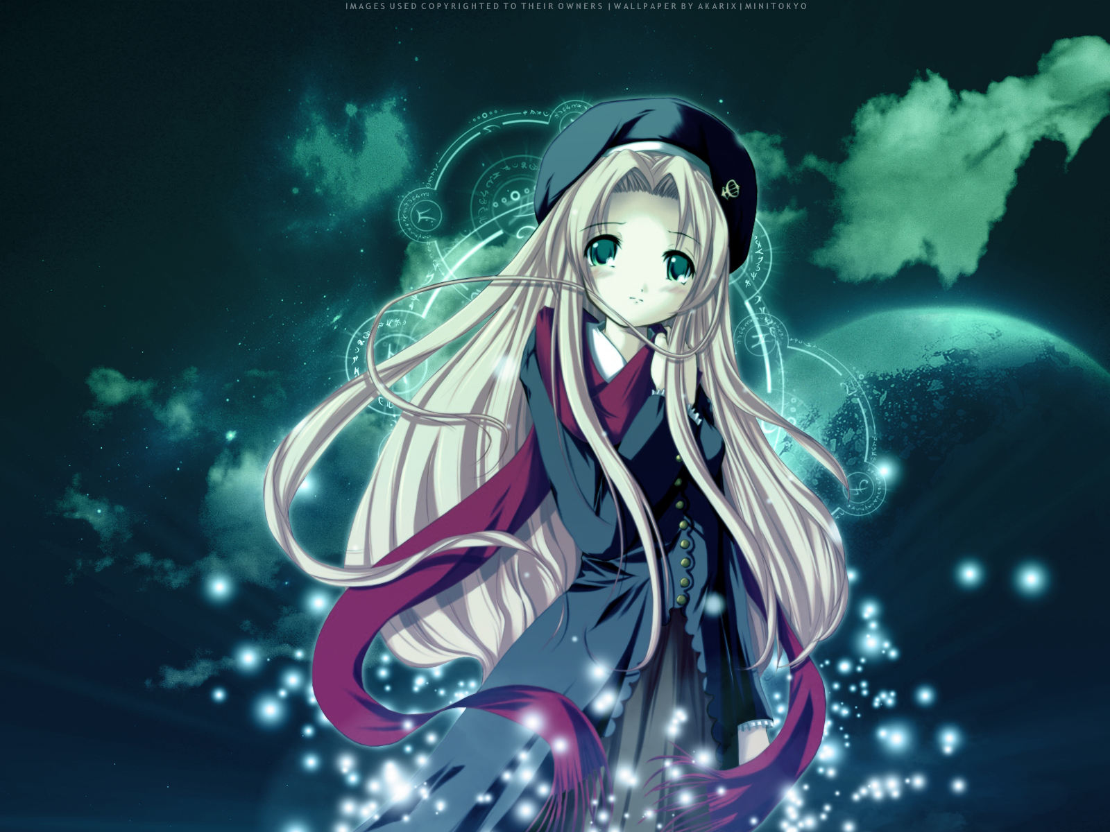 blush, clouds, dress, gray_hair, green_eyes, happy_world, hat, long_hair, night, omura_elle, planet, scarf, snow_(copyright), space, stars, watermark