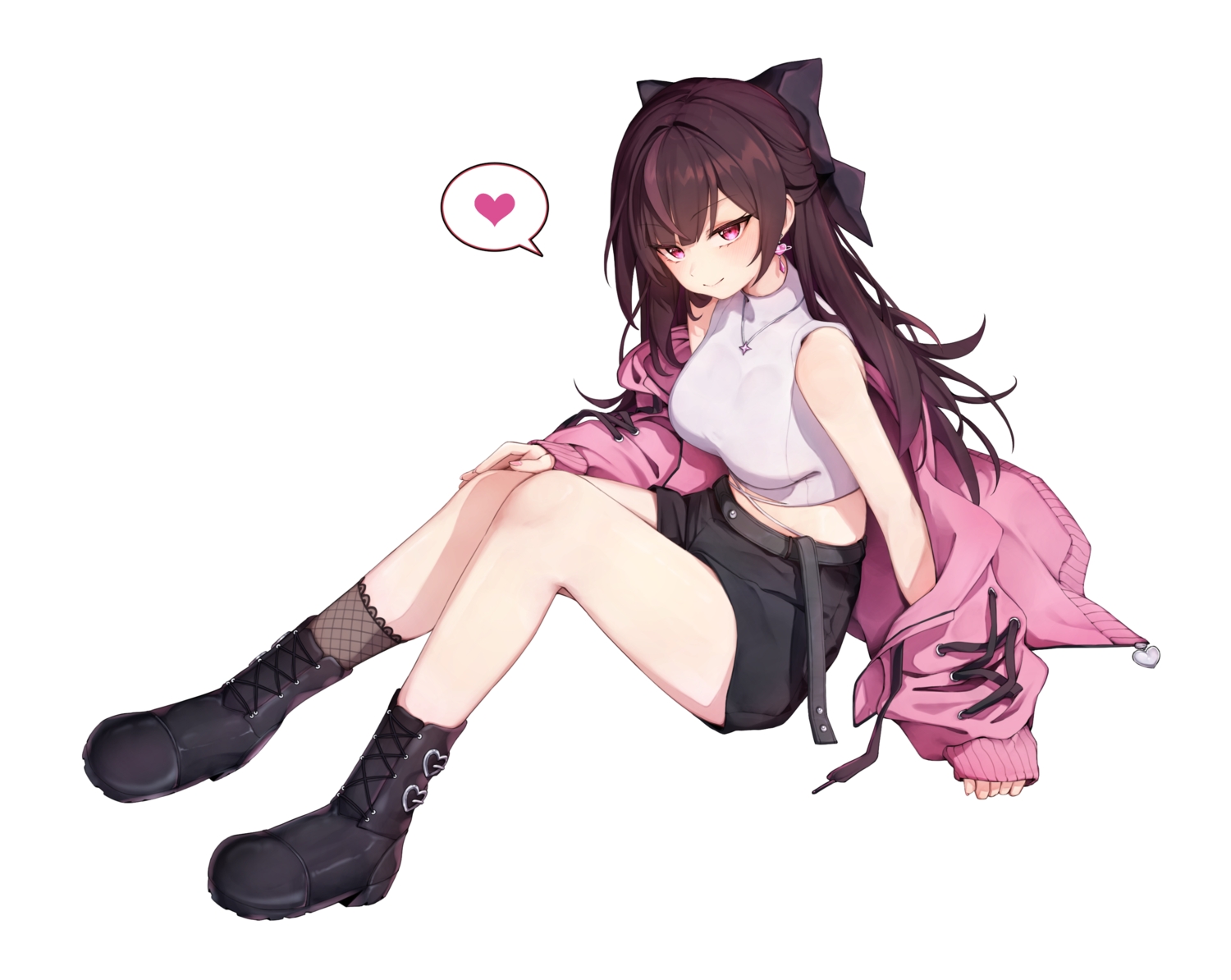 blush, boots, bow, brown_hair, heart, jururu, long_hair, necklace