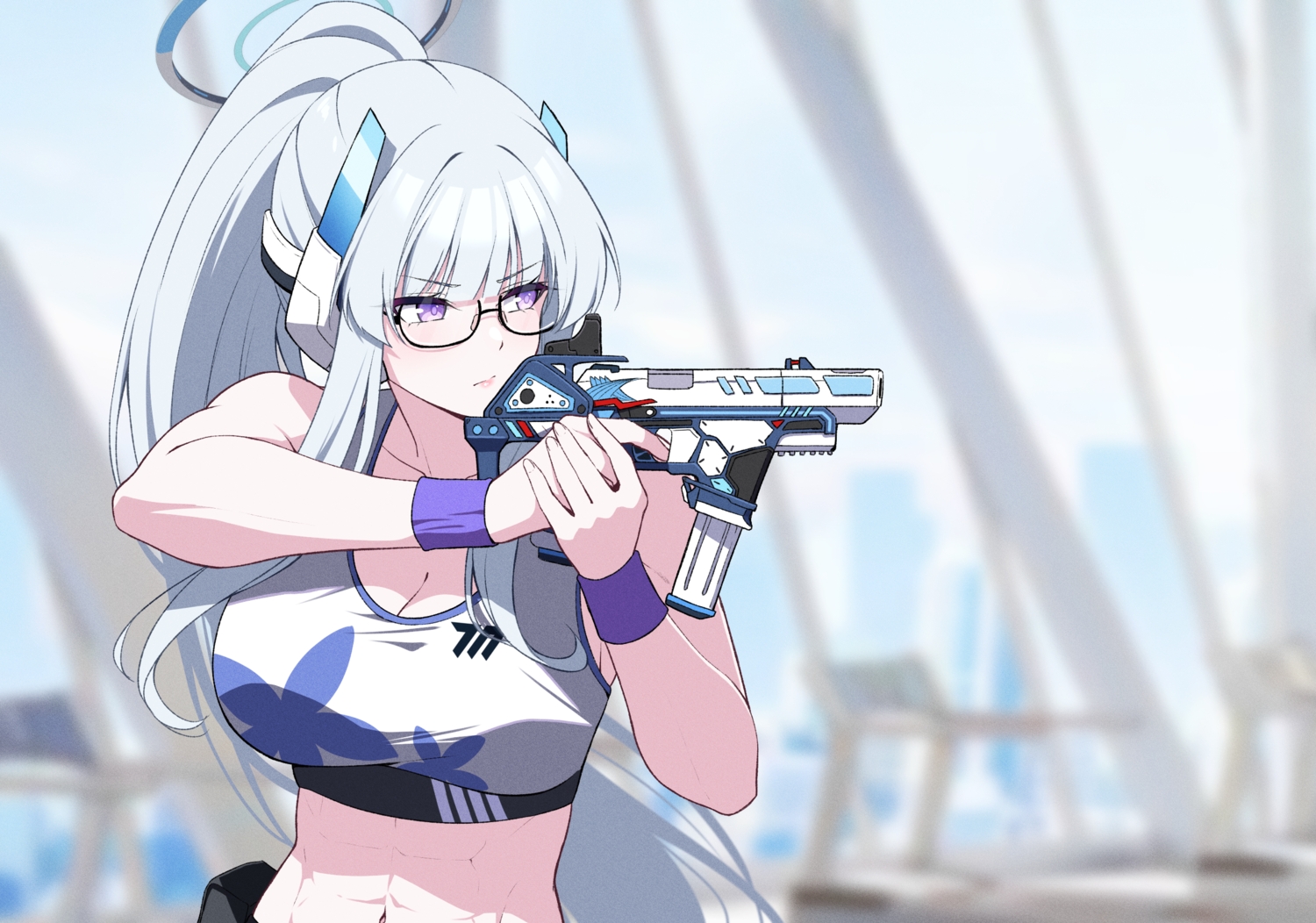 blue_archive, breasts, cleavage, glasses, gray_hair, gun, halo, long_hair