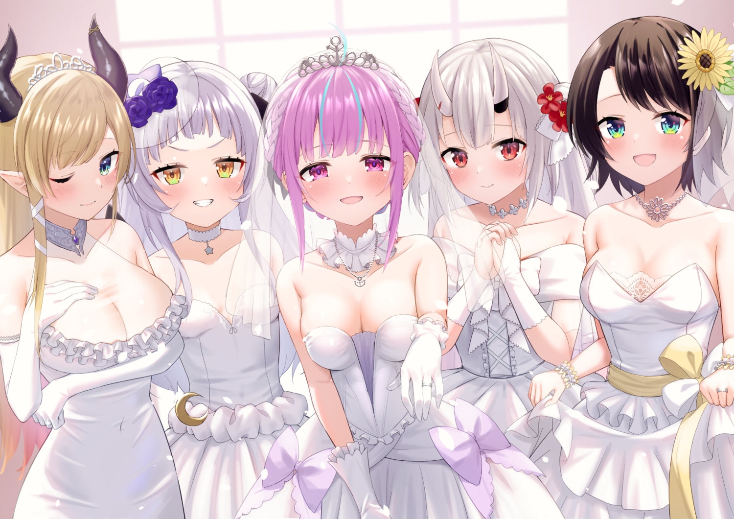 aliasing, aqua_eyes, black_hair, blonde_hair, blue_eyes, blush, bow, braids