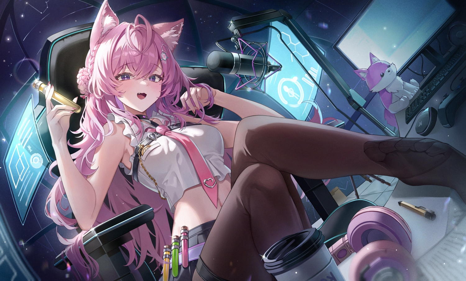 animal_ears, blush, braids, cat_smile, chain, choker, computer, drink, fang, garter, hakui_koyori, headphones, hololive, long_hair, manus_(manuspupa), microphone, navel, pantyhose, pink_hair, purple_eyes, skirt, tie