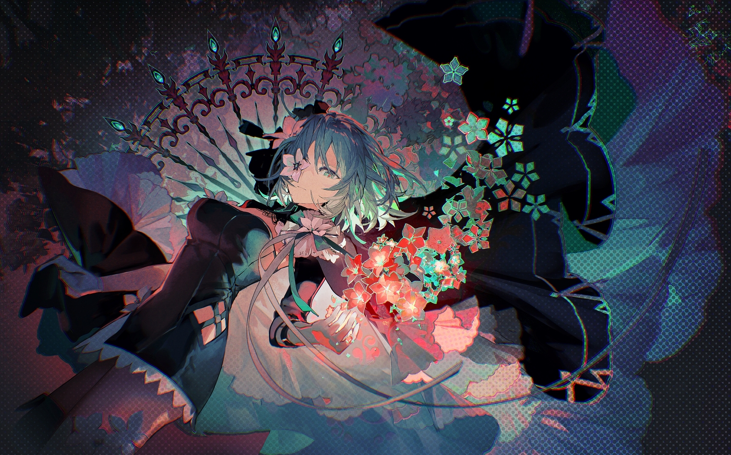 aqua_eyes, aqua_hair, arcaea, cape, dress, eyepatch, flowers, gloves, lobelia_(saclia), polychromatic, saya_(arcaea), short_hair