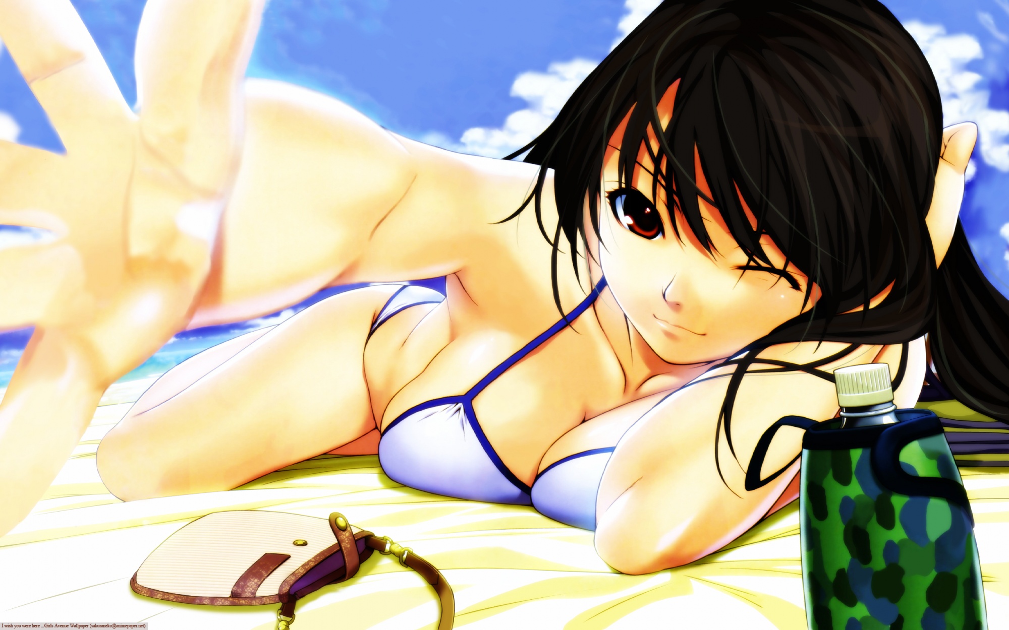 beach, bikini, breasts, cleavage, girls_avenue, ino, red_eyes, swimsuit, wink