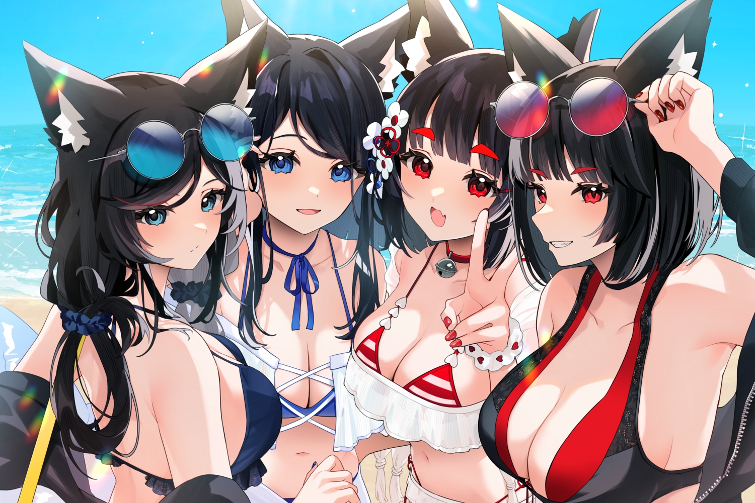 animal_ears, anthropomorphism, azur_lane, beach, bell, bikini, black_hair, blue_eyes