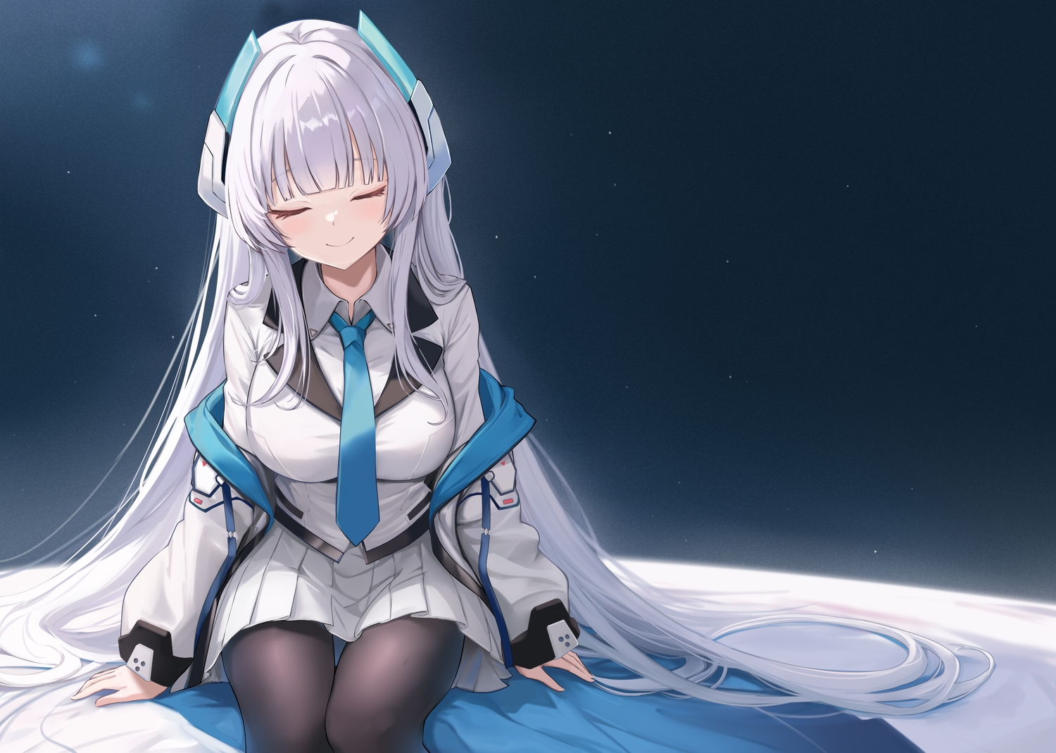 blue_archive, dasiu, gray_hair, halo, long_hair, pantyhose, school_uniform, shirt