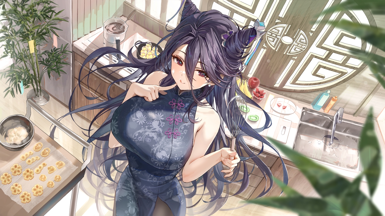 anthropomorphism, apple, azur_lane, black_hair, breast_hold, breasts, chi_an_(azur_lane), chinese_clothes