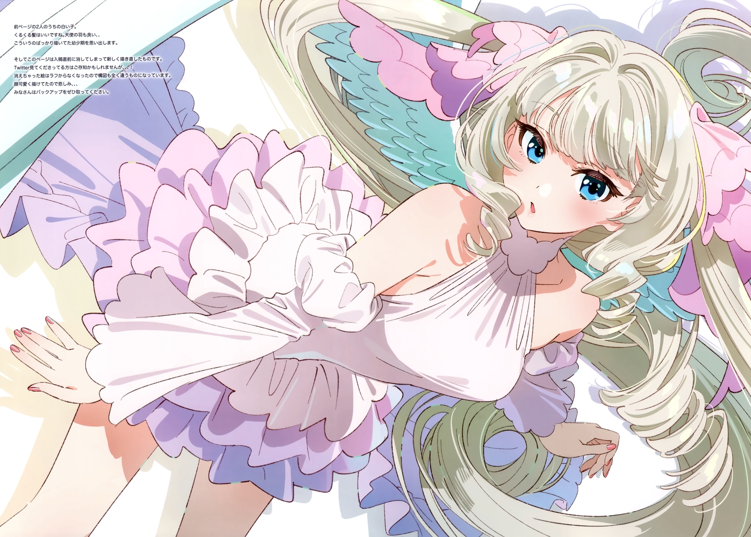 blonde_hair, blue_eyes, dress, long_hair, scan, twintails, wings, yamamoto_yumiko