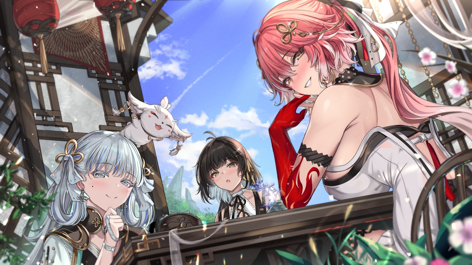 abby_(wuthering_waves), black_hair, blush, breasts, building, cenangam, changli_(wuthering_waves), chinese_clothes, choker, clouds, dress, female_rover_(wuthering_waves), flowers, gray_eyes, gray_hair, green_eyes, group, jinhsi_(wuthering_waves), leaves, pink_hair, ponytail, short_hair, sky, wristwear, wuthering_waves, yellow_eyes