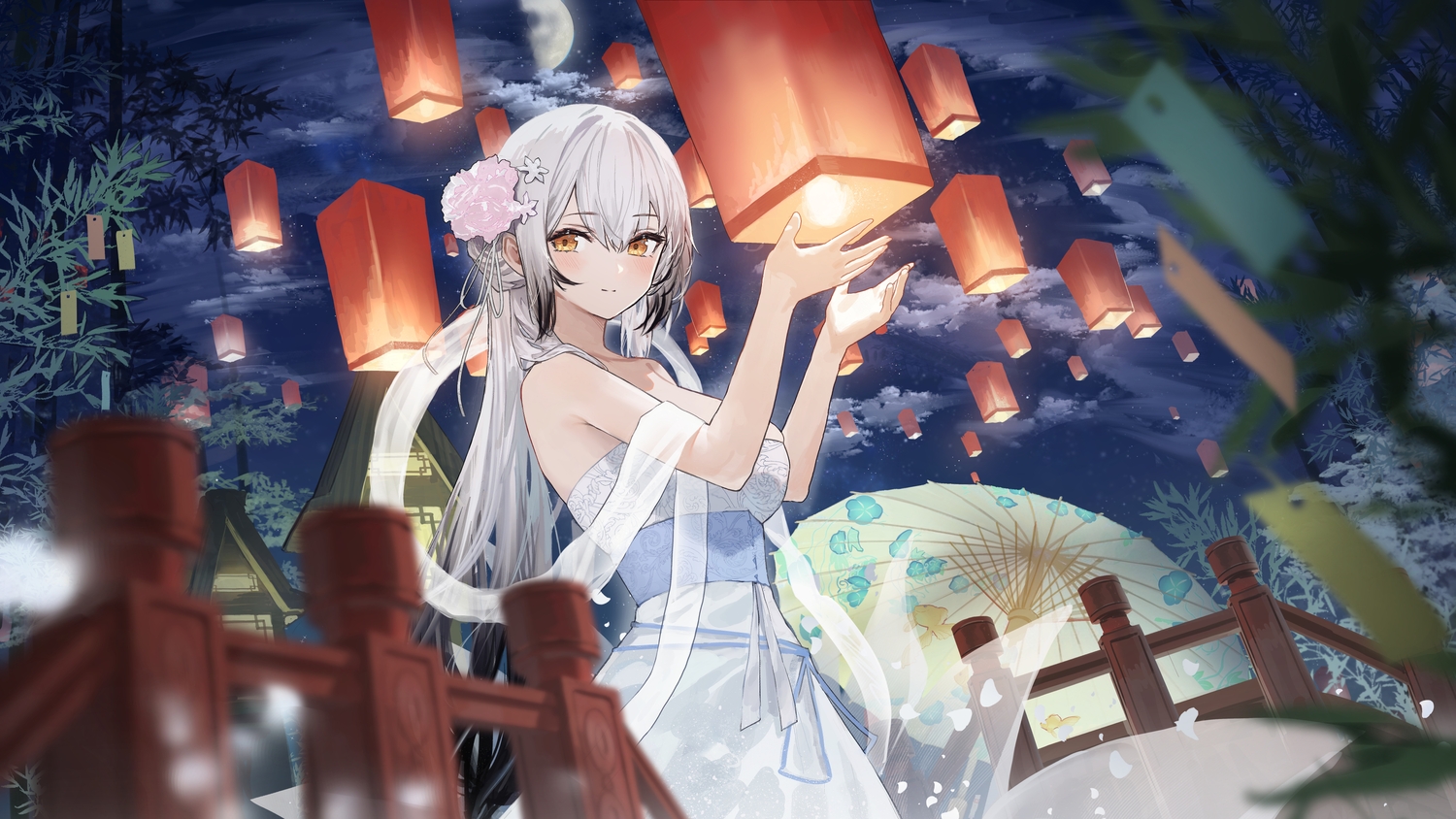 anthropomorphism, azur_lane, blush, chinese_clothes, clouds, dress, gray_hair, hai_tien_(azur_lane)