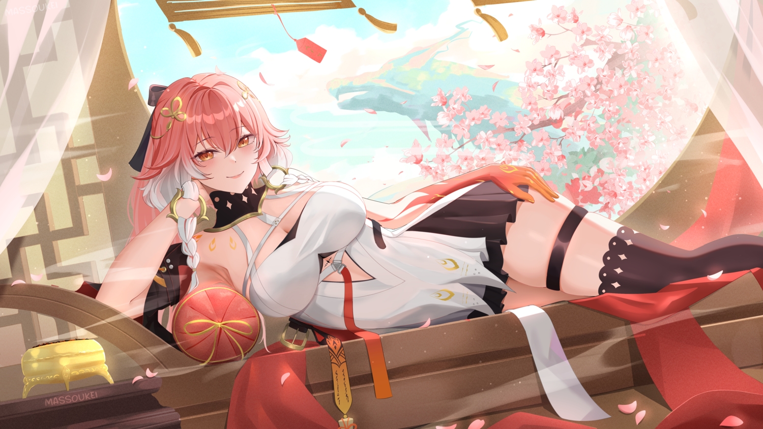 braids, breasts, changli_(wuthering_waves), cherry_blossoms, choker, cleavage, clouds, dress, flowers, garter, long_hair, massoukei, orange_eyes, petals, pink_hair, signed, sky, thighhighs, tree, wuthering_waves