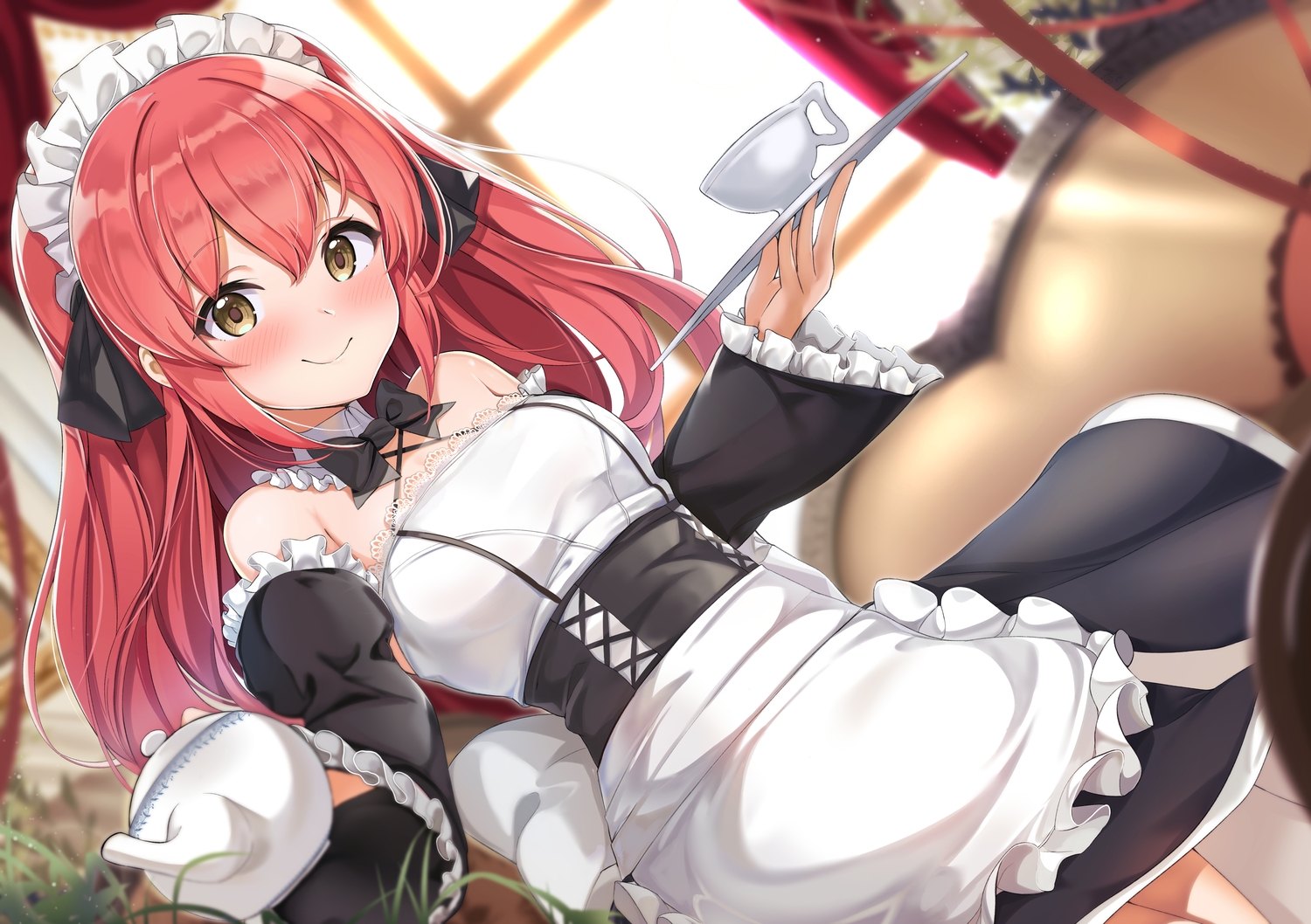 blush, drink, headdress, j_young, long_hair, maid, original, red_hair