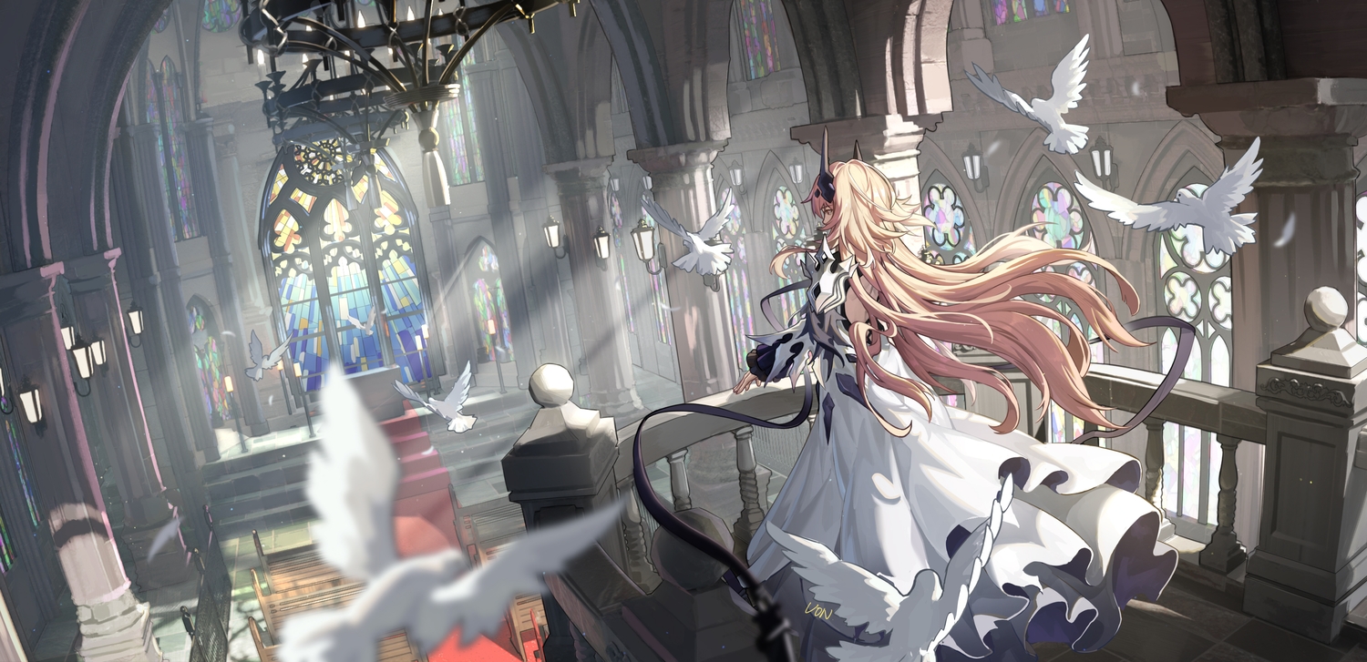 animal, arknights, armor, bird, dress, horns, long_hair, pink_eyes, pink_hair, ribbons, signed, theresa_(arknights), von_(657932285)