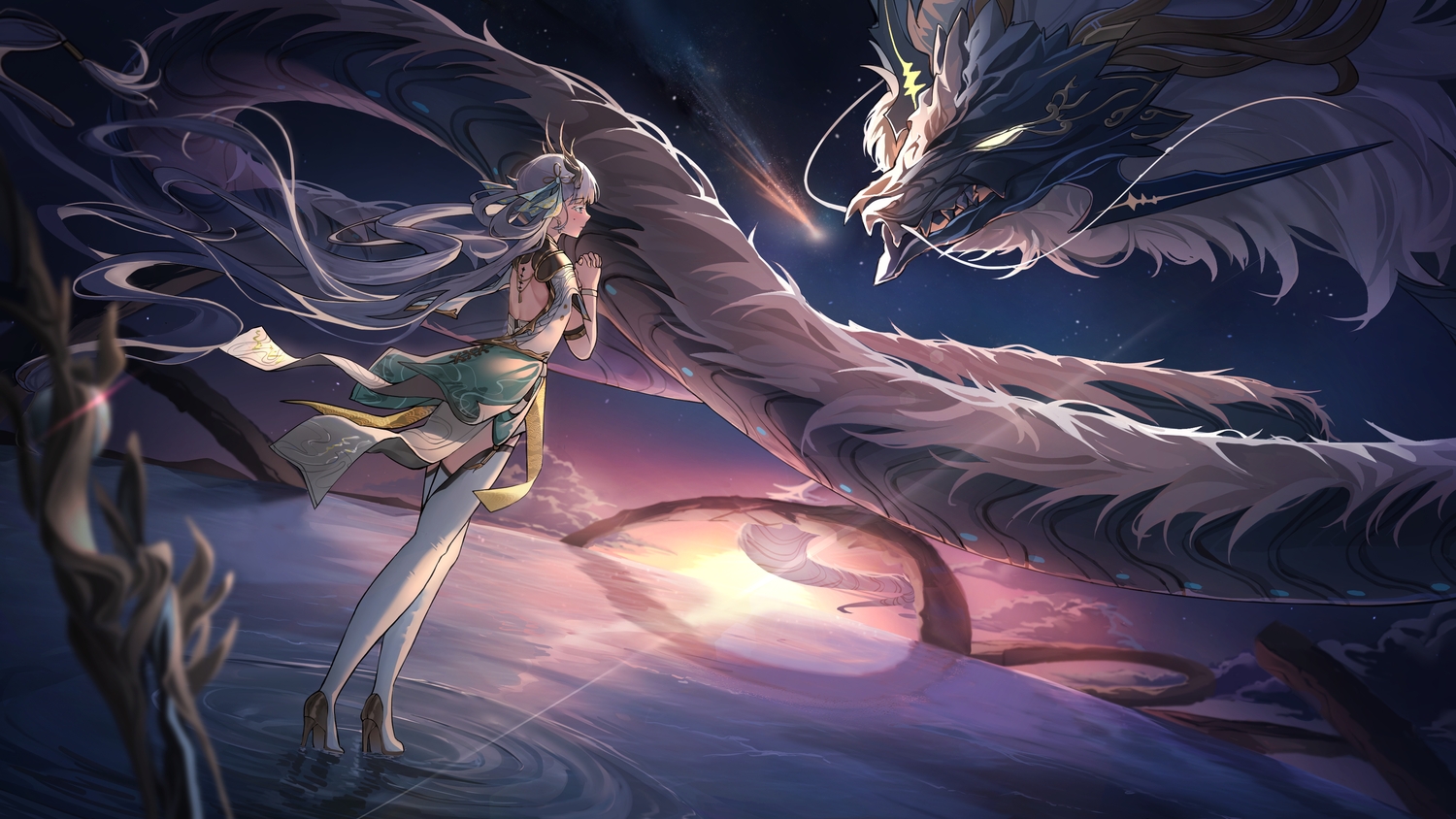 boots, chinese_clothes, clouds, dragon, dress, gray_eyes, gray_hair, horns, jinhsi_(wuthering_waves), jue_(wuthering_waves), lemontea_(ekvr5838), long_hair, sky, stars, sunset, sword, thighhighs, twintails, water, weapon, wuthering_waves