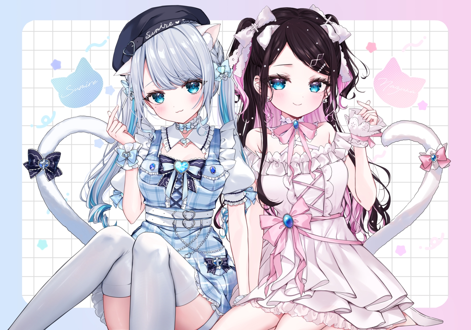 2girls, animal_ears, aqua_eyes, black_hair, blush, bow, braids, catgirl, cat_smile, choker, dress, gray_hair, hat, ineka_ka, kaga_nazuna, kaga_sumire, long_hair, lupinus_virtual_games, ribbons, tail, thighhighs, twintails, vspo!