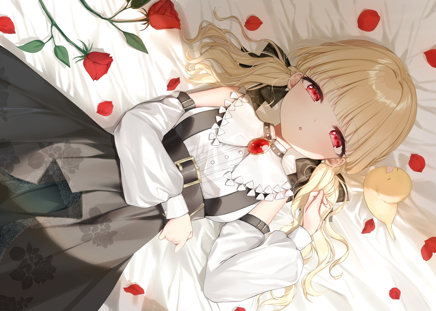 animal, bird, blonde_hair, blush, bow, dress, flowers, ineka_ka, kogara_toto, long_hair, lupinus_virtual_games, petals, red_eyes, rose, shirt, twintails, vspo!