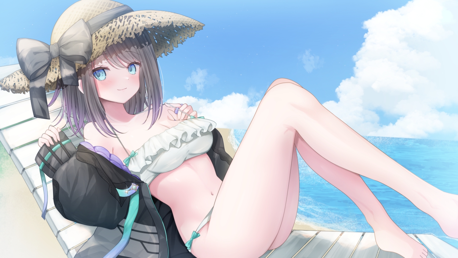 aliasing, aqua_eyes, barefoot, beach, bikini, bow, breasts, brown_hair, cleavage, clouds, hat, kurage_cc, memori_coa, navel, short_hair, sky, swimsuit, water