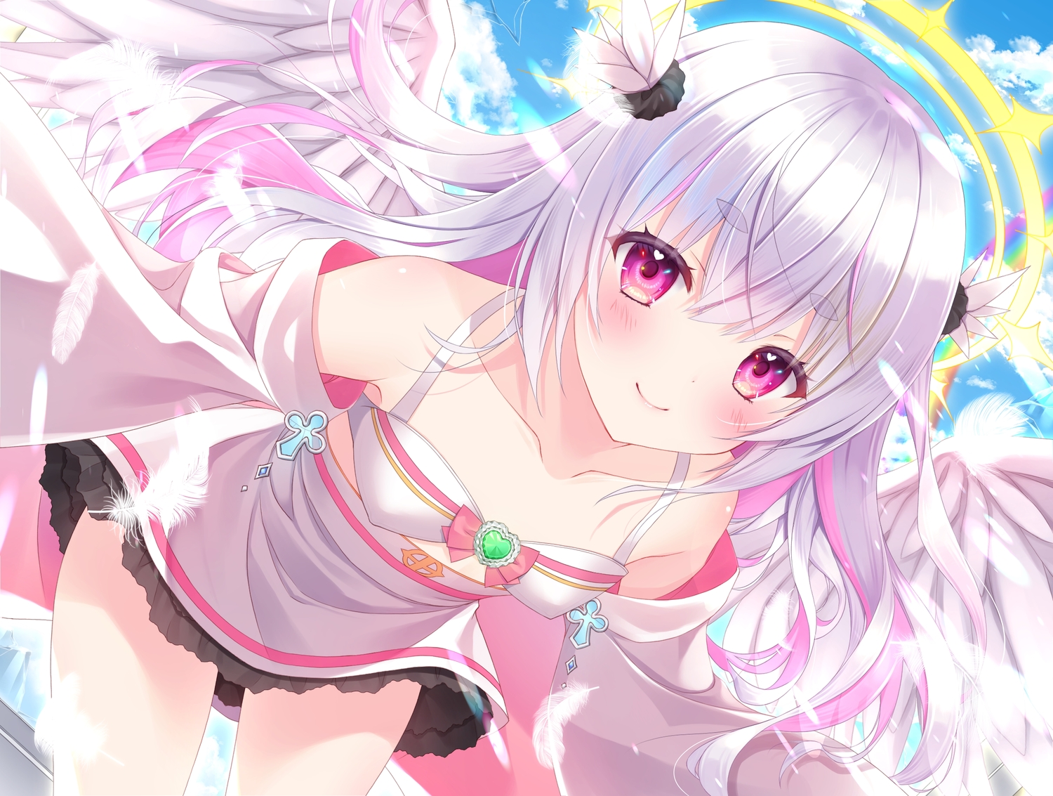 angel, blush, close, clouds, erect_nipples, feathers, halo, inagaki_miiko