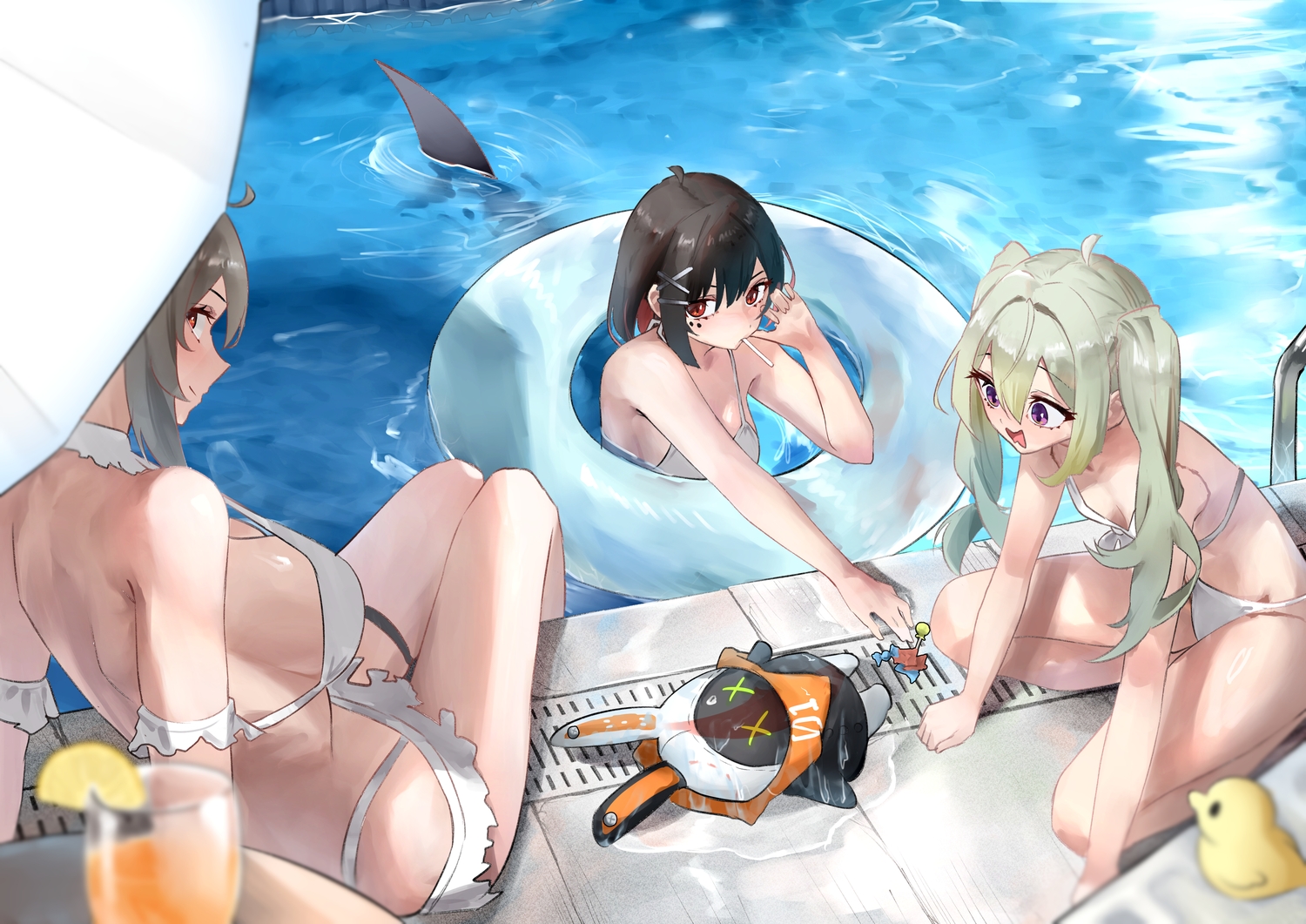 alexandrina_sebastiane, animal, bikini, bird, black_hair, breasts, candy, cleavage, corin_wickes, drink, ellen_joe, garter, gray_hair, green_hair, lollipop, pool, purple_eyes, red_eyes, short_hair, swim_ring, swimsuit, tail, twintails, umbrella, water, yawww_(yawwwart), zenless_zone_zero