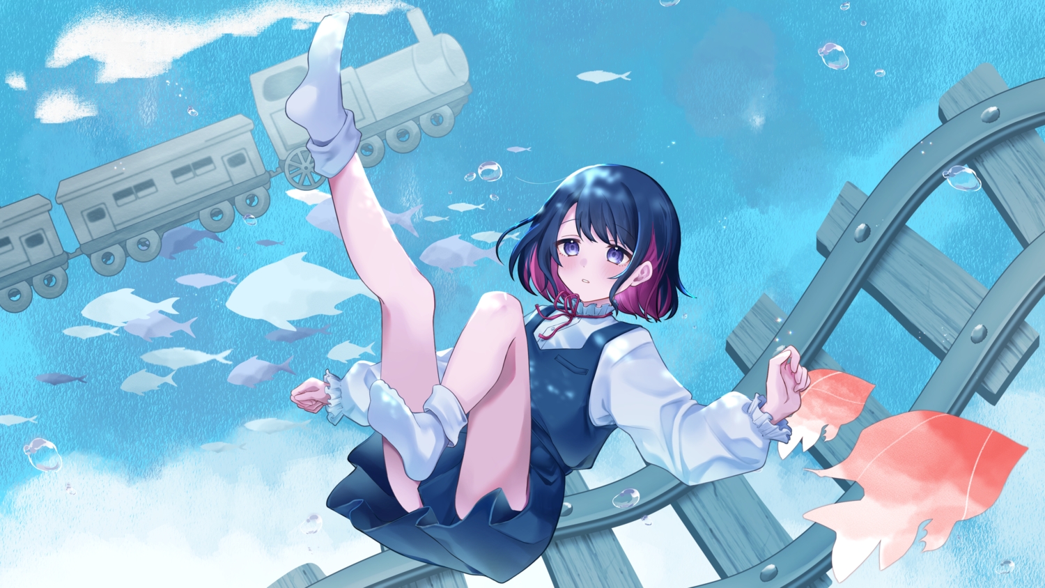 animal, black_hair, blue_eyes, blush, bubbles, clouds, dress, fish