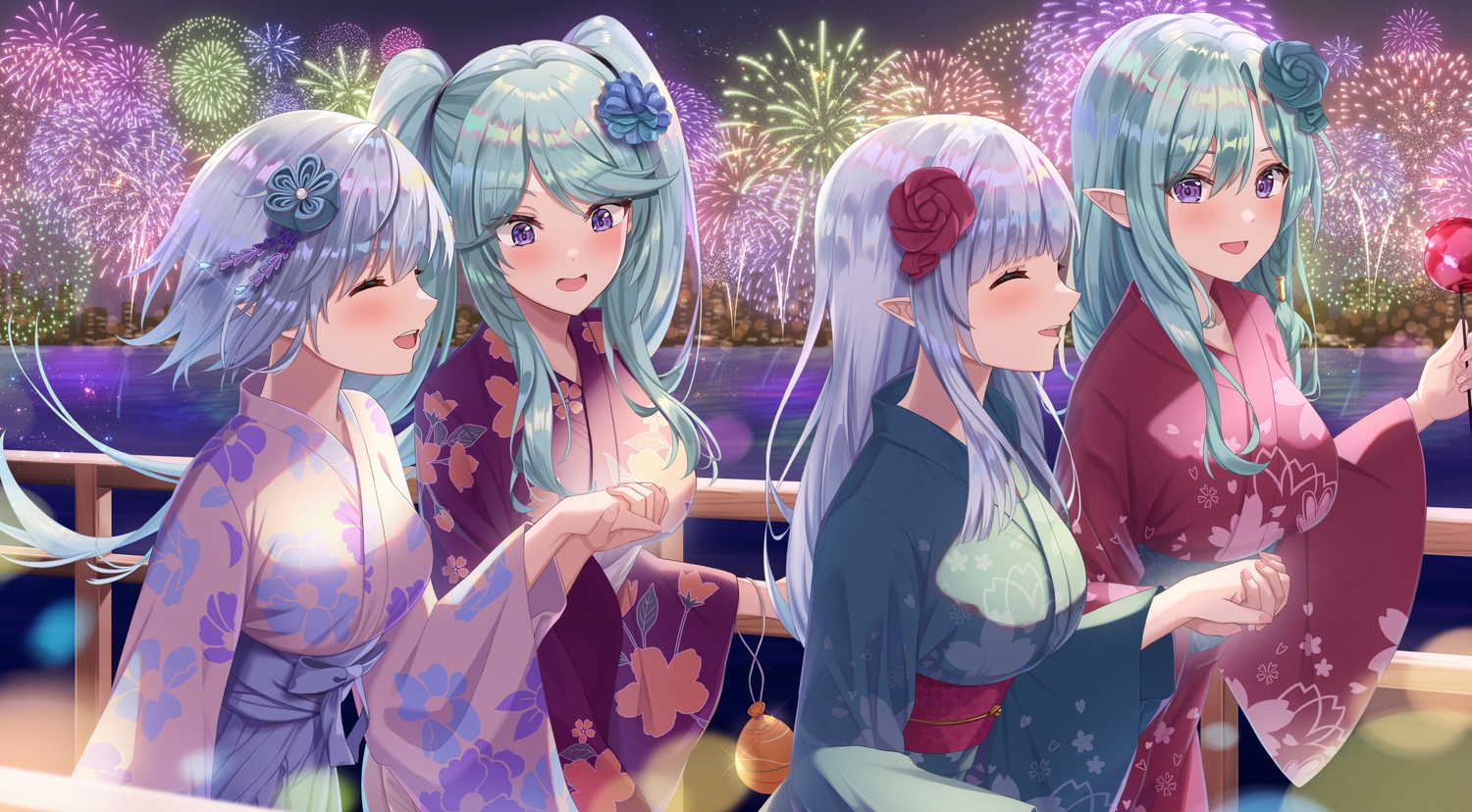 apple, aqua_hair, beta_(kage_no_jitsuryokusha_ni_naritakute!), blush, braids, candy, epsilon_(kage_no_jitsuryokusha_ni_naritakute!), festival