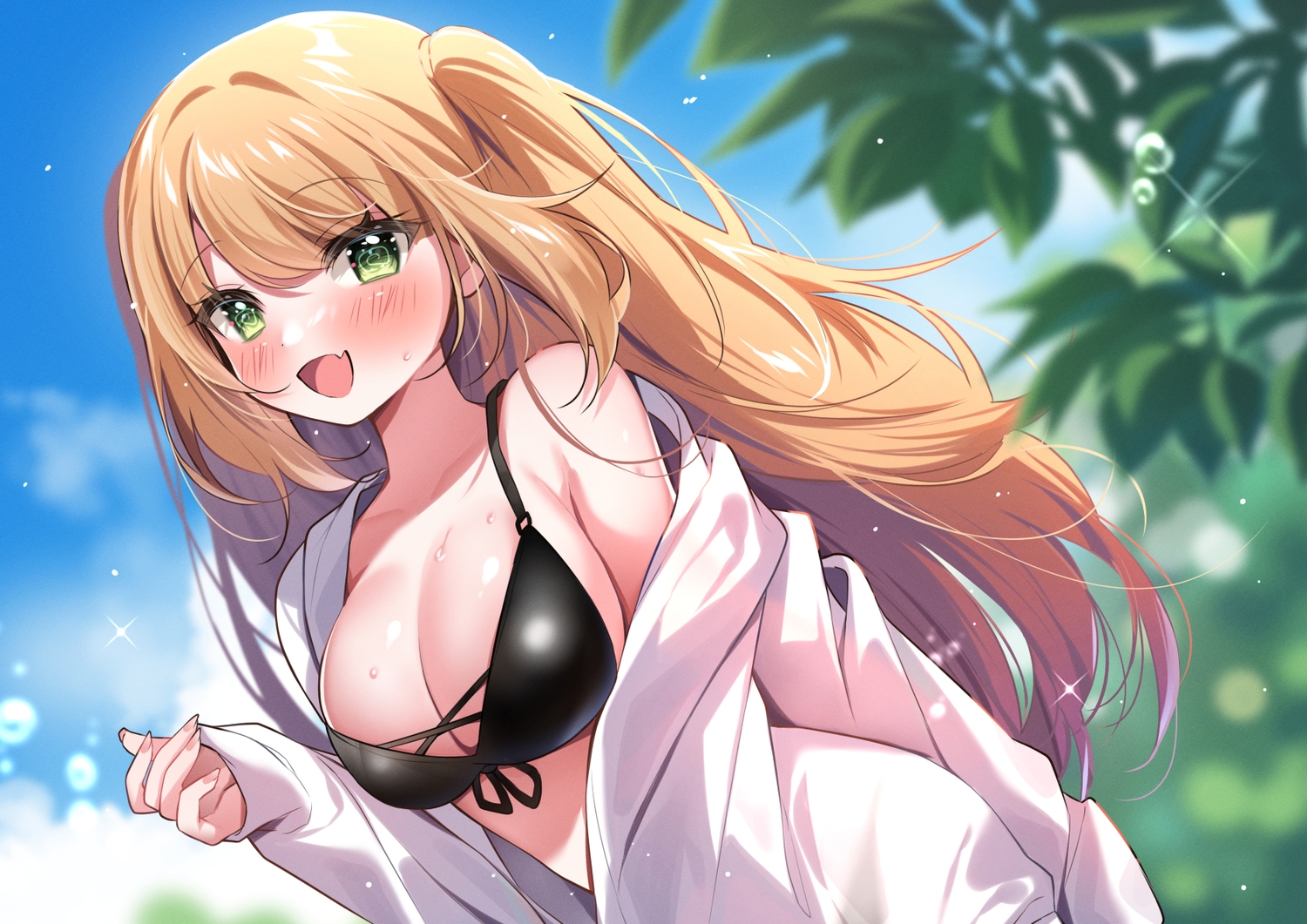 bikini, blush, breasts, brown_hair, cleavage, clouds, fang, gau_(n00_shi)