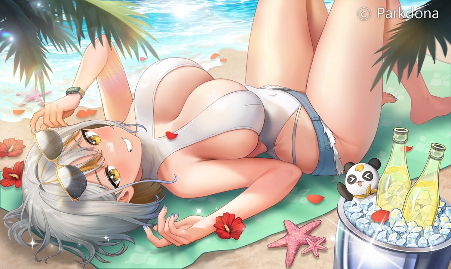 barefoot, beach, blush, breasts, cleavage, drink, flowers, gray_hair