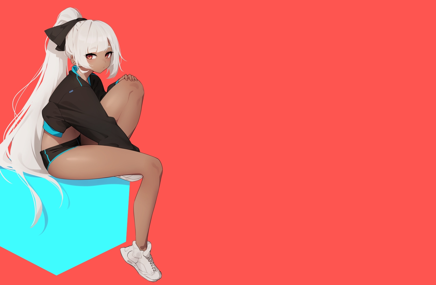 bow, dark_skin, dev_(dev0614), long_hair, navel, original, ponytail, red, red_eyes, shorts, third-party_edit, white_hair