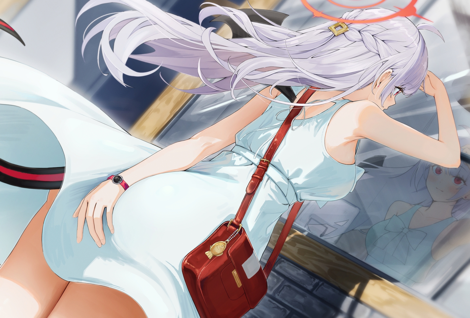 ass, auui, blue_archive, blush, braids, close, dress, gray_hair