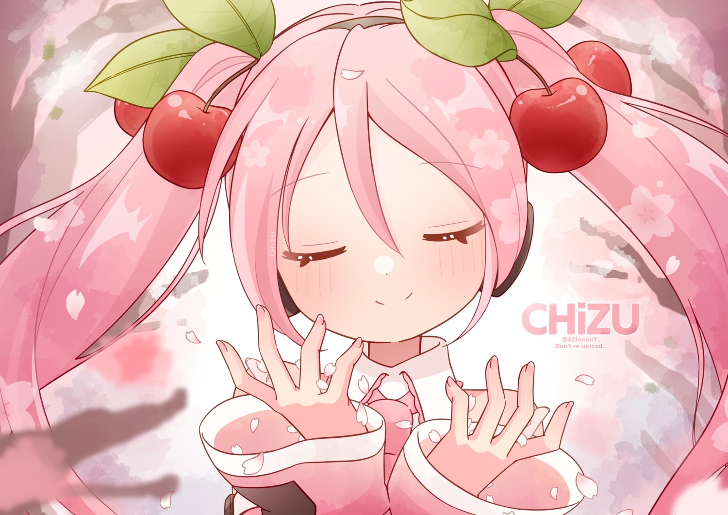 421ooouy, blush, cherry, cherry_blossoms, close, flowers, food, fruit, hatsune_miku, headphones, long_hair, petals, pink_hair, sakura_miku, tie, tree, twintails, vocaloid, watermark