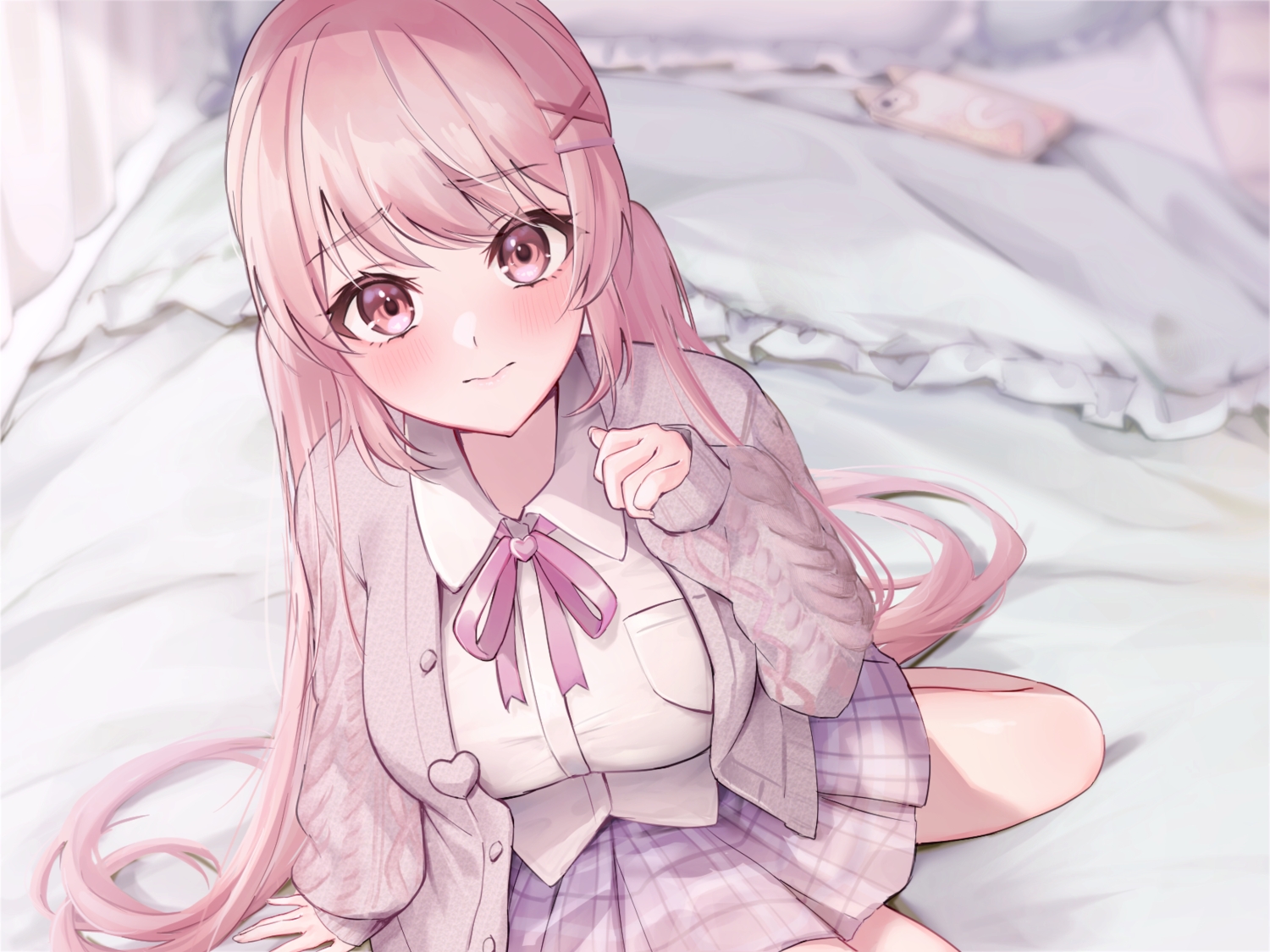 akai_ame, bed, blush, bow, breast_hold, close, long_hair, original, phone, pink_eyes, pink_hair, school_uniform, shirt, skirt, twintails