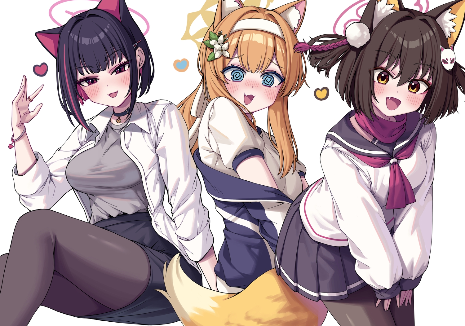 animal_ears, black_hair, blue_archive, blue_eyes, blush, brown_hair, catgirl, cat_smile