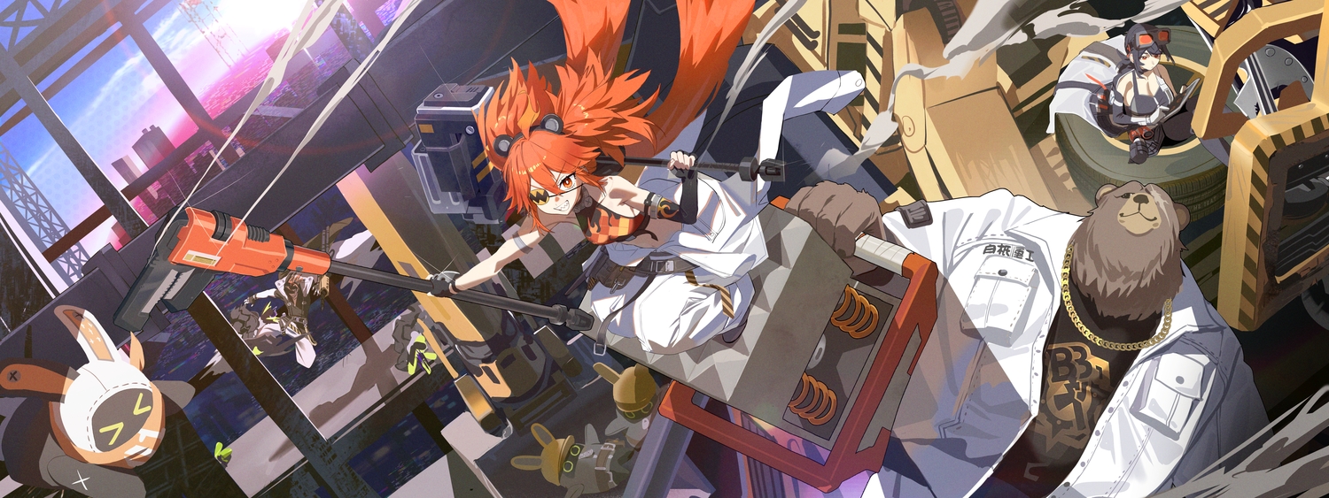 animal, animal_ears, anton_ivanov, bear, ben_bigger, black_hair, breasts, building, cape, city, cleavage, clouds, elbow_gloves, eyepatch, gloves, goggles, grace_howard, group, headband, industrial, jiki_(gkdlfnzo1245), kick, koleda_belobog, long_hair, male, necklace, orange_eyes, orange_hair, ponytail, red_eyes, shirt, sky, twintails, weapon, zenless_zone_zero