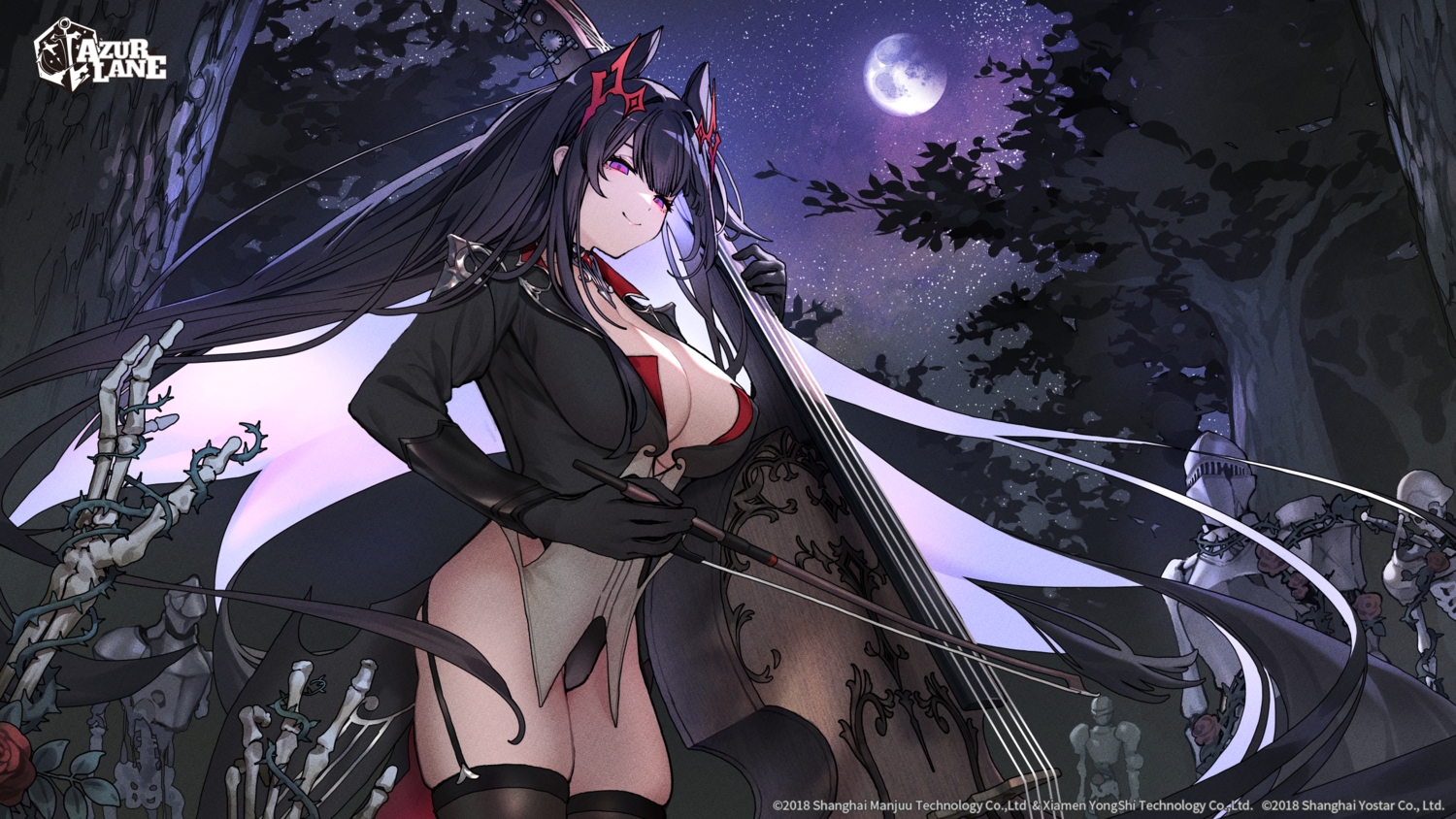 anthropomorphism, armor, azur_lane, black_hair, bones, breasts, cape, cleavage, flowers, forest, garter_belt, gloves, instrument, leotard, logo, long_hair, moon, night, purple_eyes, rose, sky, stars, stockings, strasbourg_(azur_lane), tree, zenmaibook