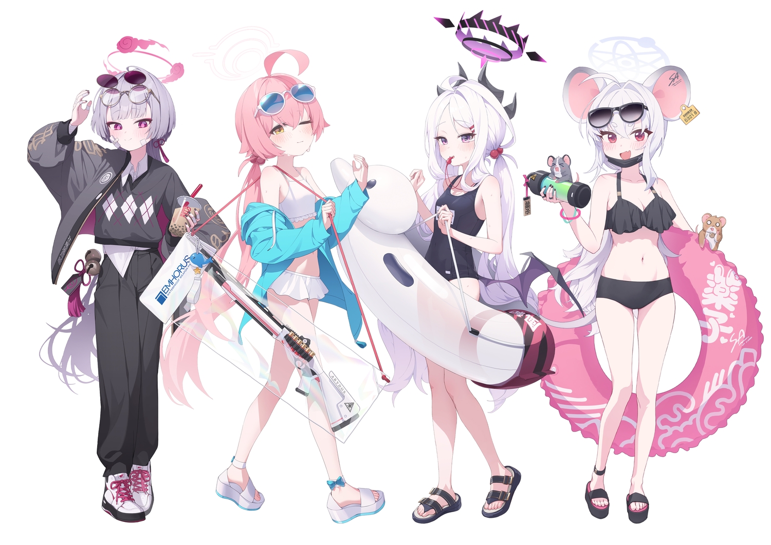 animal, animal_ears, bandage, bell, bikini, blue_archive, blush, breasts, cat_smile, cleavage, dong_ji, drink, fang, flat_chest, glasses, gray_hair, group, gun, halo, hood, horns, loli, long_hair, mask, mouse, mousegirl, navel, pink_hair, ponytail, purple_eyes, red_eyes, school_swimsuit, shirt, skirt, sorasaki_hina, sunglasses, swim_ring, swimsuit, takanashi_hoshino, weapon, white, white_hair, wings, wink, wristwear, yabuki_shuro, yakushi_saya, yellow_eyes